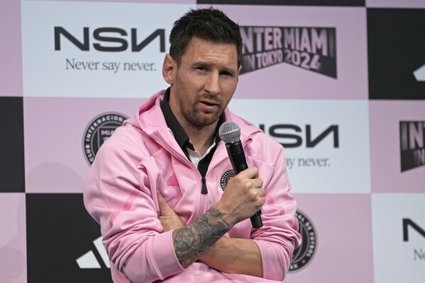 Inter Miami's Lionel Messi speaks during a press conference at a hotel, ahead of his team's friendly soccer match against Vissel Kobe in Tokyo, Tuesday, Feb. 6, 2024. (AP Photo/Shuji Kajiyama)