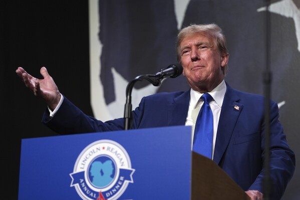 Republican presidential candidate former President Donald Trump speaks at the Minnesota Republican Lincoln Reagan Dinner Friday, May 17, 2024, at the Saint Paul RiverCentre in St. Paul, Minn. (Ǻ Photo/Abbie Parr)