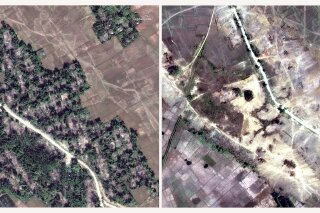 
              This combination of two satellite images provided by DigitalGlobe, Dec. 20, 2017, left; and Feb. 13, 2018, right; displaying the village of Myin Hlut, 25 kilometers (15 miles) southeast of Maungdaw, Rakhine state, Myanmar shows that predominantly Rohingya village and hamlets have been completely leveled by authorities in recent weeks, far more than previously reported. While Myanmar's government claims it's simply trying to rebuild a devastated region, the operation has raised deep concern among human rights advocates, who say the government is destroying what amounts to scores of crime scenes before any credible investigation takes place. (DigitalGlobe via AP)
            