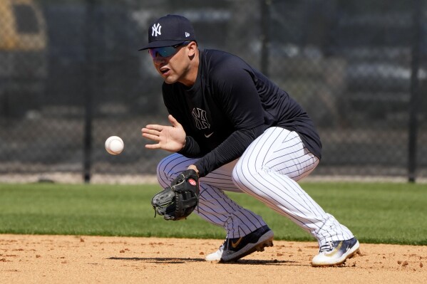 New York Yankees second baseman Gleyber Torres fields a ground ball during a baseball spring training workout Wednesday, Feb. 21, 2024, in Tampa, Fla. (APPhoto/Charlie Neibergall)