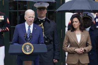 President Joe Biden, left, standing next to Vice President Kamala Harris, right, speaks at the White House in Washington, Thursday, June 23, 2022, during an event to welcome wounded warriors, their caregivers and families to the White House as part of the annual Soldier Ride to recognize the service, sacrifice, and recovery journey for wounded, ill, and injured service members and veterans. (AP Photo/Susan Walsh)