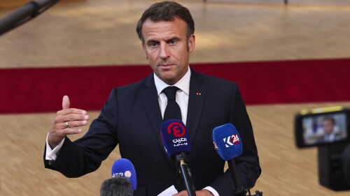 French President Emmanuel Macron speaks to journalists during the third EU-CELAC summit bringing together leaders of the EU and the Community of Latin American and Caribbean States, in Brussels, Belgium, Tuesday, July 18, 2023. (AP Photo /Francois Walschaerts)