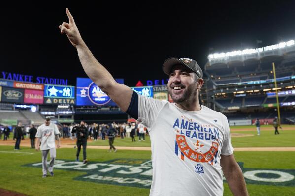 Houston Astros starting pitcher Justin Verlander celebrates on the field after the Astros defeated the New York Yankees in Game 4 of an American League Championship baseball series, Monday, Oct. 24, 2022, in New York. (AP Photo/John Minchillo)