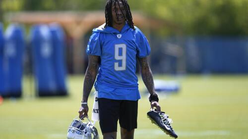 Detroit Lions wide receiver Jameson Williams (9) walks off the field after an NFL football practice in Allen Park, Mich., Thursday, May 25, 2023. (AP Photo/Paul Sancya)