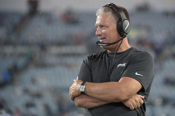 FILE - Philadelphia Eagles defensive coordinator Jim Schwartz watches from the sideline during the second half of an NFL preseason football game against the Jacksonville Jaguars, in Jacksonville, Fla., Aug. 15, 2019. The Cleveland Browns named Jim Schwartz, who’s coached some of the top defenses in the NFL in the last two decades, as their next defensive coordinator, Tuesday, Jan. 17, 2023. (AP Photo/Phelan M. Ebenhack, File)
