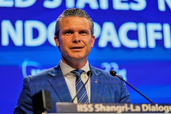U.S. Defense Secretary Pete Hegseth delivers his speech during 22nd Shangri-La Dialogue summit in Singapore,Saturday, May 31, 2025. (AP Photo/Anupam Nath)