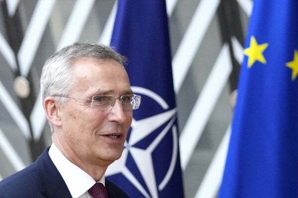 FILE - NATO Secretary General Jens Stoltenberg arrives for an EU summit at the European Council building in Brussels, Thursday, June 29, 2023. NATO Secretary-General Jens Stoltenberg will stay in office for another year, the 31-nation military alliance decided on Tuesday. Stoltenberg said in a tweet that he is "honoured by NATO Allies' decision to extend my term as Secretary General until 1 October 2024." (AP Photo/Virginia Mayo, File)