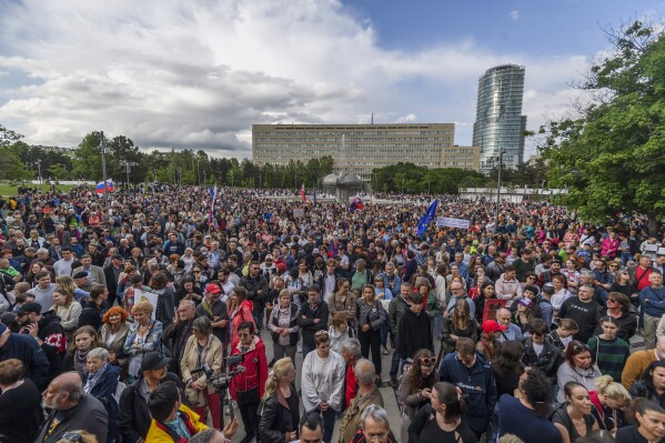 People take part in a protest against the government organised by the Progressive Slovakia movement on Freedom Square in Bratislava, Thursday, May 2, 2024. (Jaroslav Novák/TASR via AP)