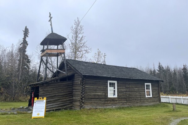 The old St. Nicholas Church stands in Eklutna, Alaska on October 12, 2023.  A three-year restoration effort began on October 13 with the removal of the bell tower.  (AP Photo/Mark Thiessen)