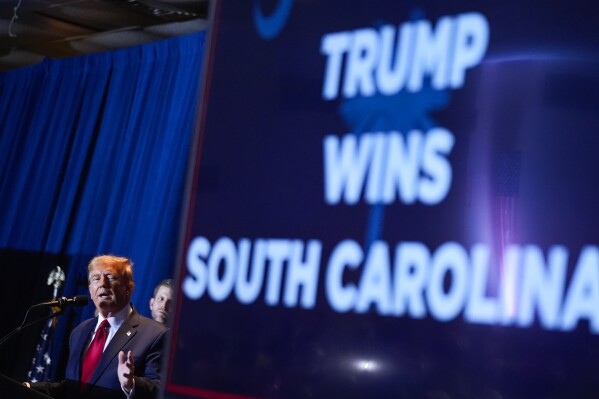 Republican presidential candidate former President Donald Trump speaks at a primary election night party at the South Carolina State Fairgrounds on Saturday, Feb. 24, 2024, in Columbia, SC.  (AP Photo/Andrew Harnik)