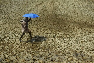 FILE - A villager holding umbrella to protect himself from sun, walks over parched land on the outskirts of Bhubaneswar, India on May 2, 2009. Tense negotiations at the final meeting on a climate-related loss and damages fund — an international fund to help poor countries hit hard by a warming planet — ended Saturday, Nov. 4, 2023, in Abu Dhabi, with participants agreeing that the World Bank would temporarily host the fund for the next four years.(AP Photo/Biswaranjan Rout, File)