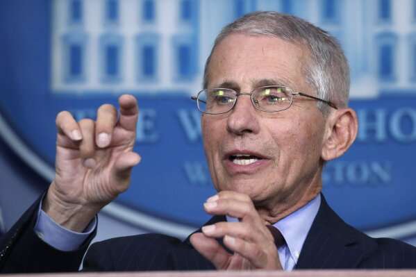 FILE - In this March 31, 2020 file photo, Dr. Anthony Fauci, director of the National Institute of Allergy and Infectious Diseases, speaks about the coronavirus in the James Brady Press Briefing Room of the White House in Washington. (AP Photo/Alex Brandon)