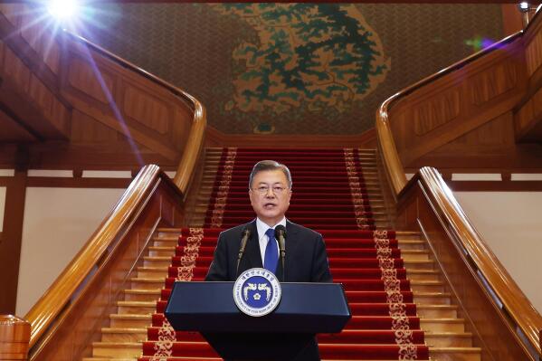 South Korean President Moon Jae-in delivers a farewell speech at the presidential Blue House in Seoul, South Korea, Monday, May 9, 2022. Moon defended his policy of engaging North Korea, saying in his farewell speech Monday that he hopes that efforts to restore peace and denuclearization on the Korean Peninsula would continue. (Sur Myung-gon/Yonhap via AP)