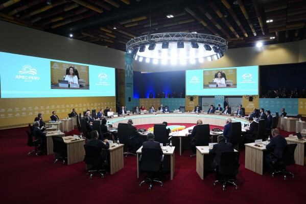 Peru's President Dina Boluarte speaks during the APEC Leaders' Informal Dialogue at the APEC Summit in Lima, Peru, Friday, Nov. 15, 2024. (Sean Kilpatrick/The Canadian Press via AP)