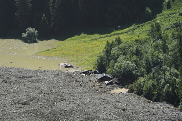 The aftermath of the Birch Glacier collapse is visible in Blatten, Switzerland, June 11, 2025. (AP Photo/Matthias Schrader)