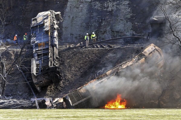 Smoke fills the sky after an empty CSX coal train hit a rockslide along tracks causing a fiery derailment, March 8, 2023, in a remote area just south of Sandstone, W.Va. Transportation Secretary Pete Buttigieg has reiterated his concerns about railroad safety and scolded the industry for not doing more to improve since last year's fiery Ohio derailment. (Jenny Harnish/The Register-Herald via AP, file)