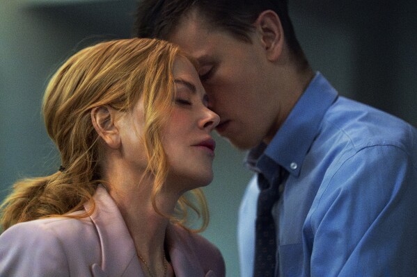 This image released by A24 shows Nicole Kidman, left, and Harris Dickinson in a scene from "Babygirl." (Niko Tavernise/A24 via AP)