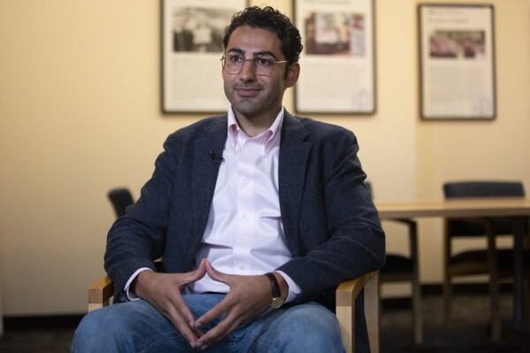 Mohsen Mahdawi speaks during an interview at the ACLU of Vermont on Thursday, May 8, 2025, in Montpelier, Vt. (AP Photo/Alex Driehaus)