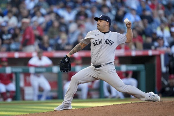 New York Yankees starting pitcher Nestor Cortes throws during the first inning of a baseball game against the Los Angeles Angels, Tuesday, May 28, 2024, in Anaheim, Calif. (AP Photo/Ryan Sun)