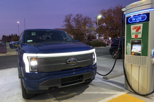 This photo provided by Edmunds shows the all-electric Ford F-150 Lightning. Purchasing and driving one requires a little more knowledge than what's required for a typical pickup. (Courtesy of Edmunds via AP)