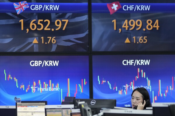 A currency trader talks on the phone at the foreign exchange dealing room of the KEB Hana Bank headquarters in Seoul, South Korea, Wednesday, Dec. 6, 2023. Asian shares advanced on Wednesday after most stocks slipped on Wall Street following a mixed set of reports on the U.S. economy. (AP Photo/Ahn Young-joon)