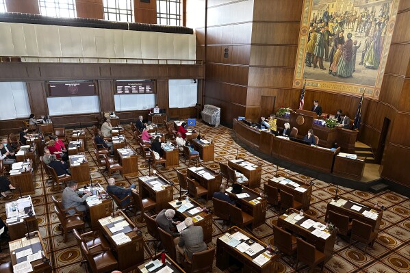 FILE - The Oregon Senate is seen in session at the state capitol in Salem, Ore., Thursday, June 15, 2023. Oregon's elections chief says the 10 Republican state senators who had more than 10 unexcused absences during the most recent GOP walkout can't run for reelection in 2024. Secretary of State LaVonne Griffin-Valade made the announcement Tuesday, Aug. 8, 2023, in a bid to clear up confusion over reelection rules following the 2023 walkout. (AP Photo/Andrew Selsky, File)