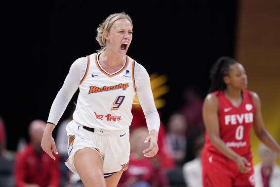 Phoenix Mercury's Sophie Cunningham reacts after hitting a 3-point basket late in the second half of a WNBA basketball game against the Indiana Fever, Sunday, June 11, 2023, in Indianapolis. (AP Photo/Darron Cummings)