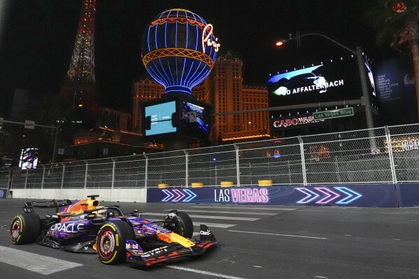 Red Bull driver Max Verstappen, of the Netherlands, drives during the second practice session for the Formula One Las Vegas Grand Prix auto race, Friday, Nov. 17, 2023, in Las Vegas. (AP Photo/Nick Didlick)