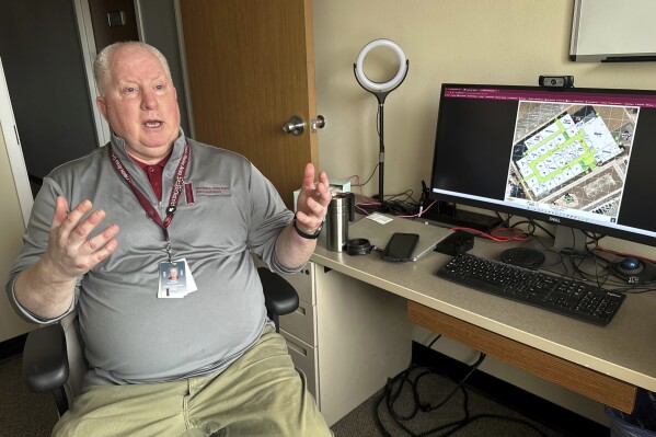 Jim Blodgett, safety and security director for the Middleton-Cross Plains Area School District, discusses digital mapping of school facilities on Tuesday, Feb. 27, 2024, at his office in Middleton, Wis. Digital maps can be used by law enforcement and others who are responding to emergencies. (AP Photo/Scott Bauer)