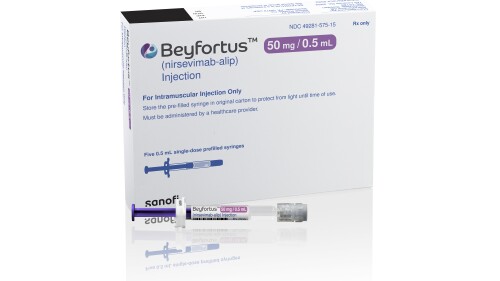 This illustration provided by AstraZeneca depicts packaging for their medication Beyfortus. U.S. officials have approved a new long-acting drug to protect babies and toddlers against a respiratory virus that causes thousands of hospitalizations each year. The Food and Drug Administration on Monday, July 17, 2023 approved the injection for infants and children up to 2 years old. (AstraZeneca via AP)