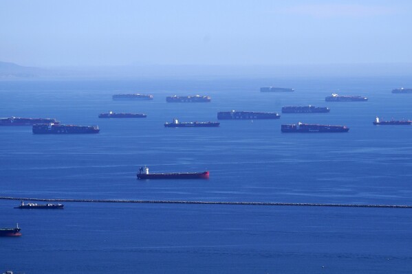 FILE - Cargo ships are seen lined up outside the Port of Los Angeles, Tuesday, Feb. 23, 2021, in Los Angeles. Maritime nations are finalizing a plan Thursday, July 6, 2023, to slash emissions from the shipping industry to net zero by around 2050 but experts warn the deal falls well short of what’s needed to prevent climate catastrophe. (AP Photo/Mark J. Terrill, File)