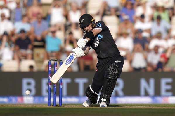New Zealand's Will Young batting during the second one day international cricket match between England and New Zealand, at The Ageas Bowl, Southampton, England, Sunday Sept. 10, 2023. (John Walton/PA via AP)