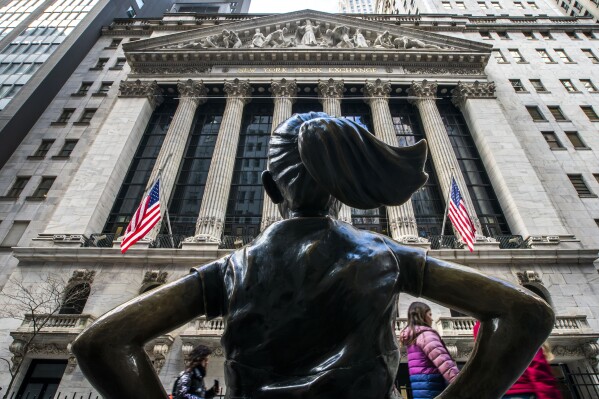 FILE - The "Fearless Girl" statue stands in front of the New York Stock Exchange in New York, March 19, 2024. (AP Photo/Eduardo Munoz Alvarez, File)