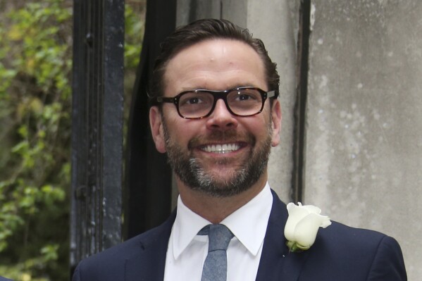 FILE - James Murdoch arrives at St Bride's Church for the celebration ceremony of the wedding of Rupert Murdoch and Jerry Hall in London, Saturday, March 5, 2016. (Photo by Joel Ryan/Invision/AP, File)