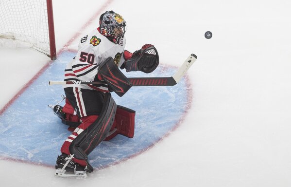 Chicago Blackhawks' Dominik Kubalik in action during an NHL hockey