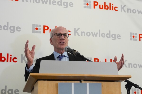 Sen. Peter Welch, D-Vt., speaking about the Affordable and Connectivity Program, ACP, at the Shaw Library in Washington, Tuesday, April 30, 2024. Advocacy groups and policymakers are pushing for Congress to fully fund the ACP, because April 2024 marks the last month of full funding. (AP Photo/Pablo Martinez Monsivais)