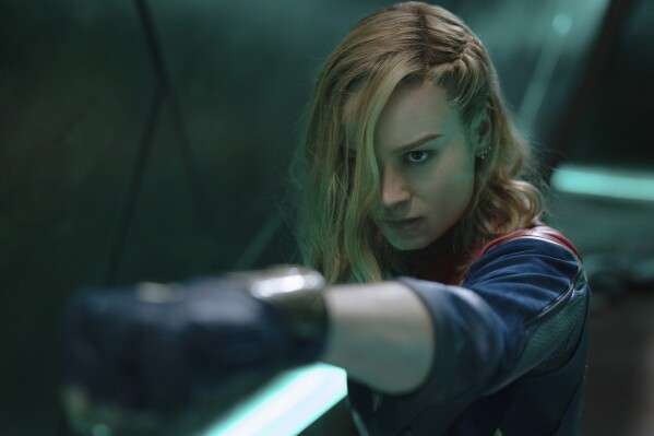 This image released by Disney shows Brie Larson in a scene from "The Marvels." (Laura Radford/Disney-Marvel Studios via AP)