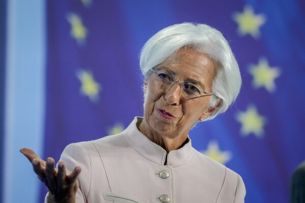 President of European Central Bank Christine Lagarde speaks at the press conference in Frankfurt, Germany, Thursday, Sept.14, 2023, after a meeting of the ECB's governing council. (AP Photo/Michael Probst)