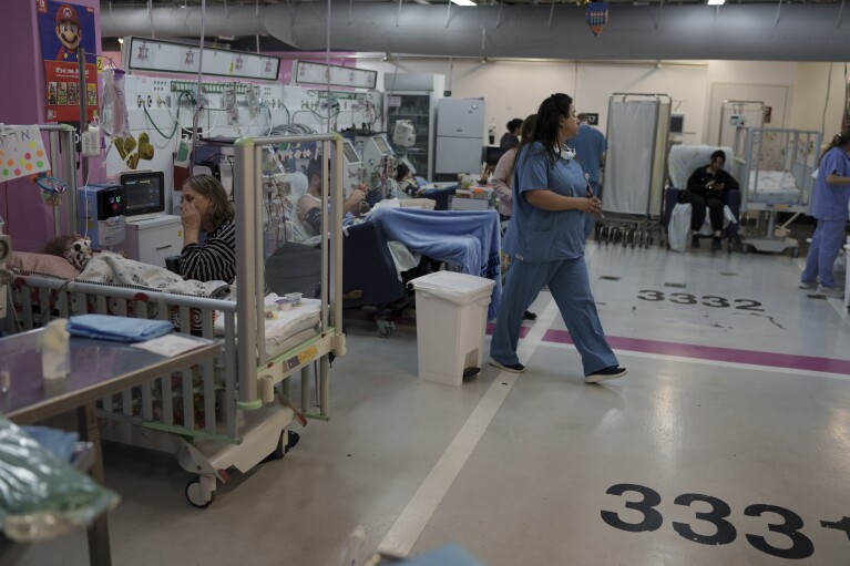 Medical personnel work in a department transferred to underground parking at Rambam Hospital in the northern Israeli city of Haifa, Thursday, Jan. 11, 2024.  (AP Photo/Leo Correa)