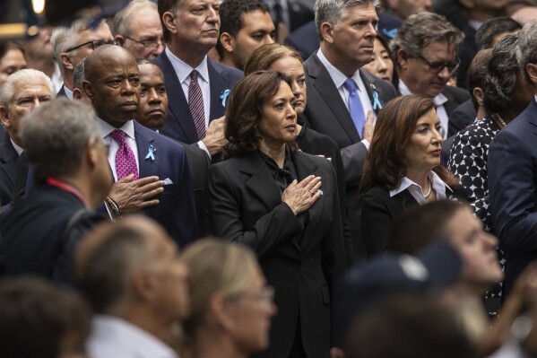 New York Governor Kathy Hochul, Vice President Kamala Harris and New York City Mayor Eric Adams attend the commemoration ceremony on the 22nd anniversary of the September 11, 2001, terror attacks on Monday, Sept. 11, 2023, in New York. (AP Photo/Yuki Iwamura)