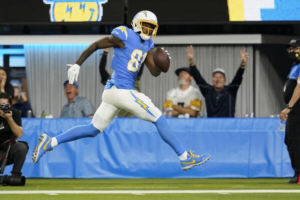 Los Angeles Chargers wide receiver Mike Williams scores a touchdown during the second half of an NFL football game against the Pittsburgh Steelers, Sunday, Nov. 21, 2021, in Inglewood, Calif. (AP Photo/Marcio Jose Sanchez)