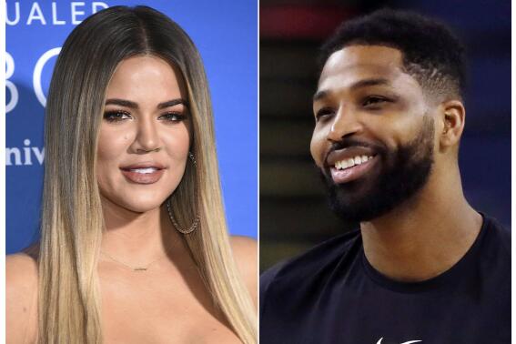 This combination photo shows TV personality Khloe Kardashian at the NBCUniversal Network 2017 Upfront in New York on May 15, 2017, left, and Cleveland Cavaliers' Tristan Thompson during an NBA basketball practice in Oakland, Calif., on May 30, 2018.  A representative for Kardashian confirms she and ex Tristan Thompson have conceived a sibling for daughter True via surrogate. In a statement, the rep says the surrogate got pregnant in November. (AP Photo)