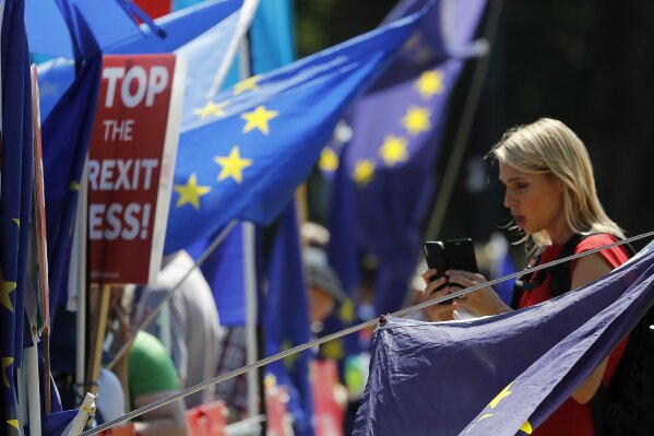 Anti-Brexit protestors in London, Tuesday, July 23, 2019. Brexit champion Boris Johnson was announced Tuesday as winner in the contest to lead Britain’s governing Conservative Party, and to become the country’s next prime minister. (AP Photo/Frank Augstein)