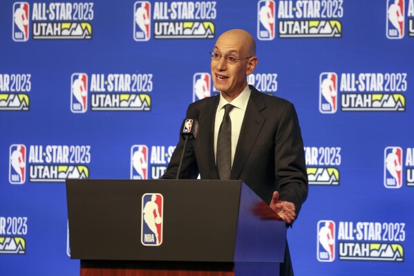 FILE - NBA Commissioner Adam Silver answers questions during the NBA basketball All-Star weekend Saturday, Feb. 18, 2023, in Salt Lake City. The NBA took steps Wednesday, Sept. 13, to try to ensure that its star players appear in more games, particularly nationally televised matchups and the in-season tournament that is being added this year. The league's board of governors approved a new player participation policy that will take effect for this upcoming season, replacing the player resting policy that was implemented prior to the 2017-18 season. (AP Photo/Rob Gray, File)
