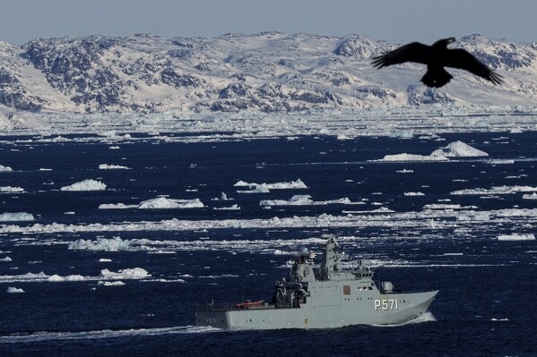 Military vessel HDMS Ejnar Mikkelsen of the Royal Danish Navy patrols near Nuuk, Greenland, Wednesday, March 5, 2025. (AP Photo/Evgeniy Maloletka)
