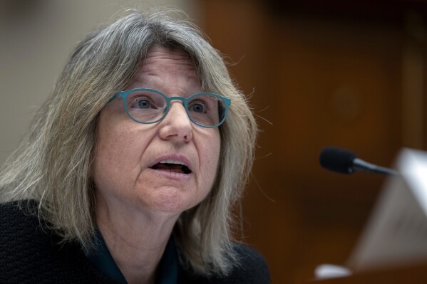 FILE - Massachusetts Institute of Technology (MIT) President Sally Kornbluth speaks during a hearing of the House Committee on Education on Capitol Hill, Dec. 5, 2023, in Washington. Kornbluth has suspended a student group that has held demonstrations against Israel’s military campaign in Gaza as protest over the war continue to rattle universities around the country. In a video statement Tuesday, Feb. 13, 2024, Kornbluth said the group, Coalition Against Apartheid, held a demonstration Monday night without going through the permission process that all groups are required to do. (AP Photo/Mark Schiefelbein, File)