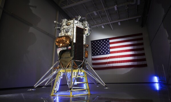 FILE - This photo provided by Intuitive Machines shows the company's IM-1 Nova-C lunar lander in Houston in October 2023. The company aims to launch the lander in mid-February 2024, on a SpaceX rocket. (Intuitive Machines via AP, File)