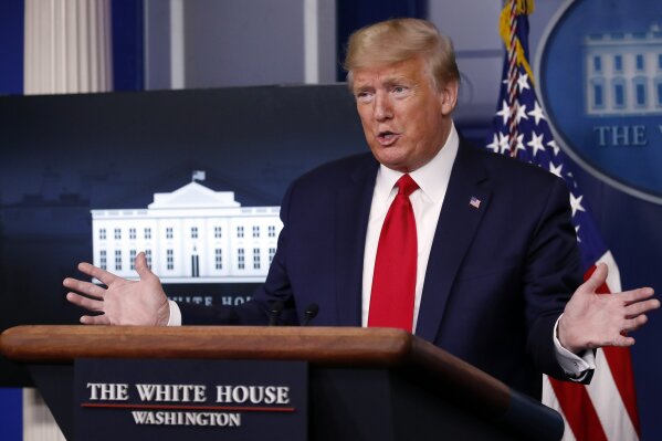 President Donald Trump speaks about the coronavirus in the James Brady Press Briefing Room of the White House, Wednesday, April 8, 2020, in Washington. (AP Photo/Alex Brandon)