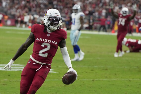 Arizona Cardinals wide receiver Marquise Brown (2) celebrates his touchdown Dallas Cowboys during the second half of an NFL football game, Sunday, Sept. 24, 2023, in Glendale, Ariz. (AP Photo/Rick Scuteri)
