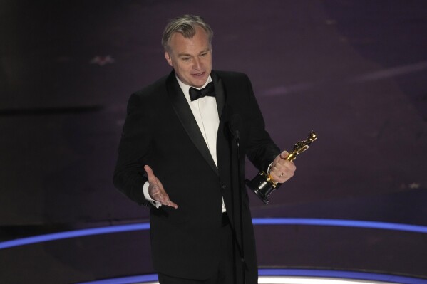 Christopher Nolan accepts the award for best director for "Oppenheimer" during the Oscars on Sunday, March 10, 2024, at the Dolby Theatre in Los Angeles. (AP Photo/Chris Pizzello)